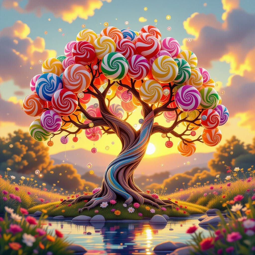 Whimsical Soda Tree with Candy Leaves in Golden Hour Light