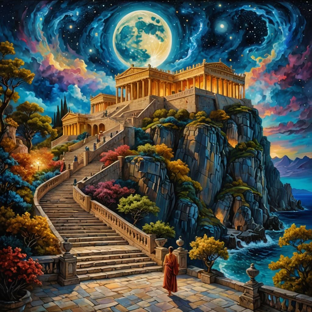 Majestic Greek Palace Under Moonlight: Cosmic Impasto Art