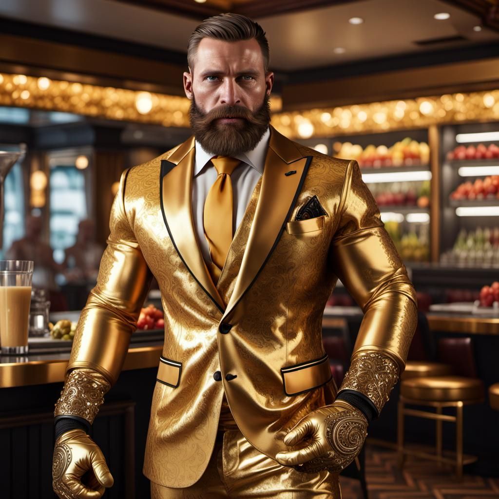 Wrestler in Gold Suit at Smoothie Restaurant