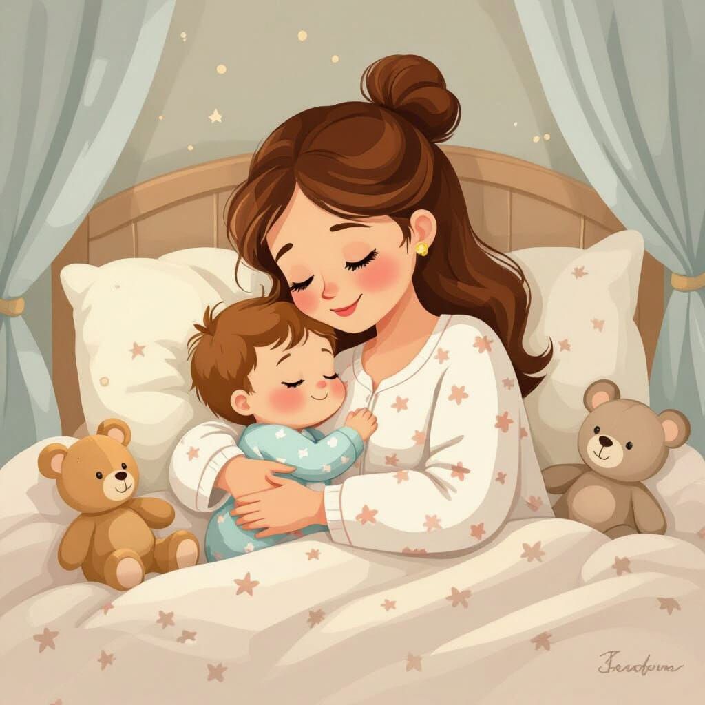 Mother and Baby Sleeping Peacefully in Children's Book Style