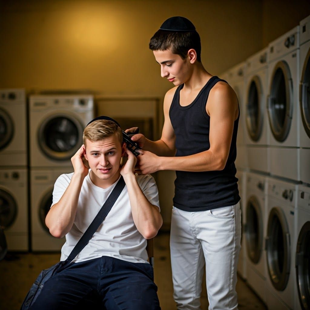 Hasidic Youth Teases Friend with Hair Clippers in Cozy Laund...