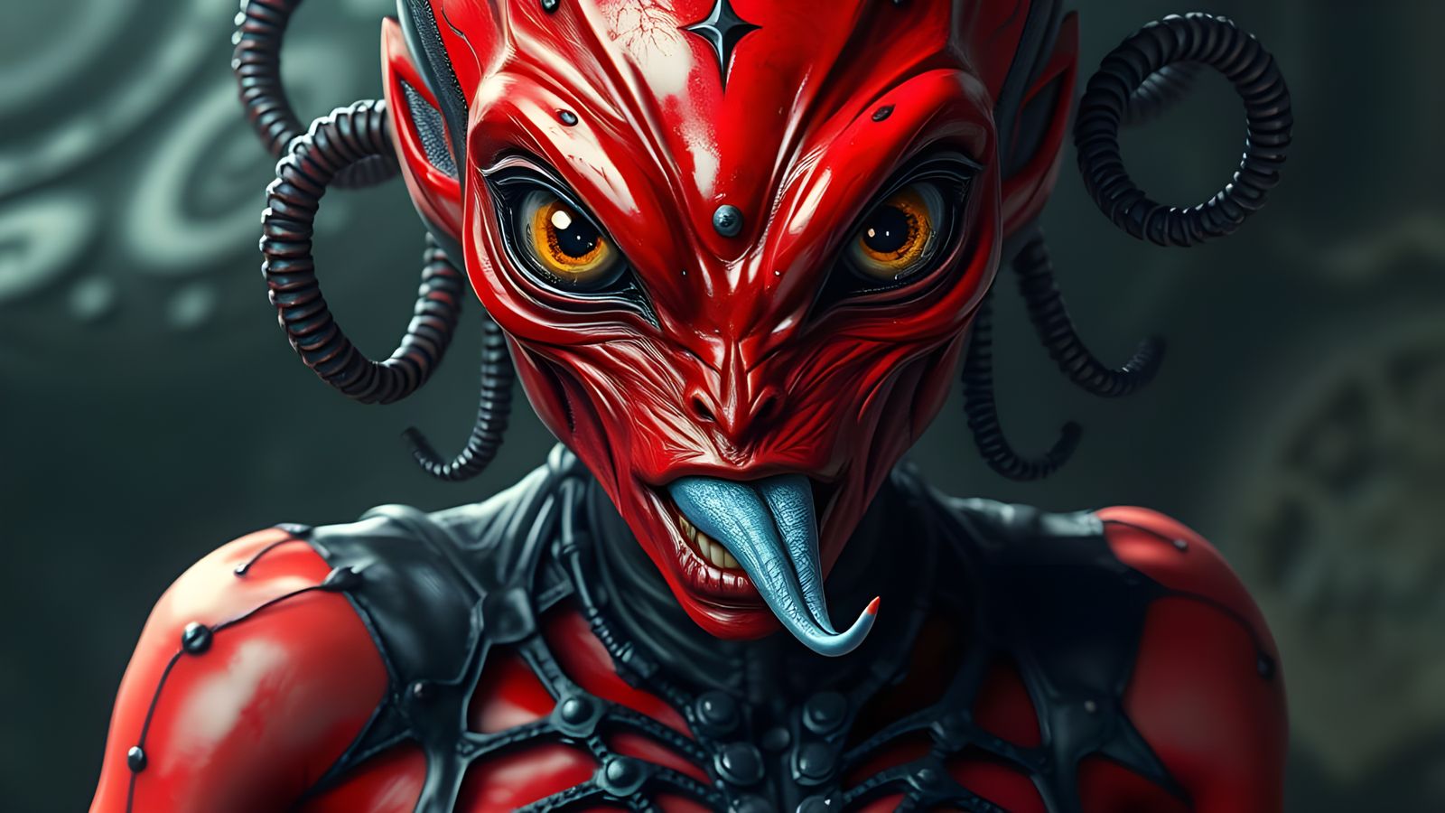 Hyperrealistic Alien Girl with Red Skin and Web Suit