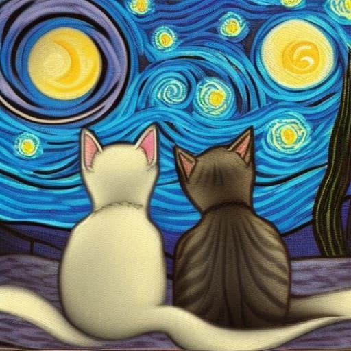 Kittens Staring at Moon in Starry Night Style