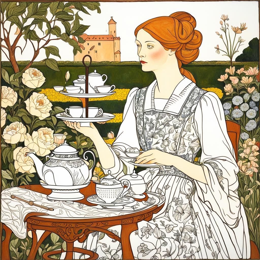 Woman and Child's Tea Party, in Pre-Raphaelite Style