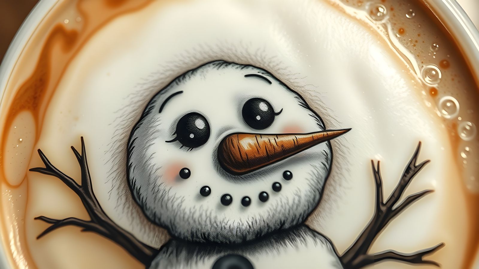 Snowman Latte Art in Charcoal Style