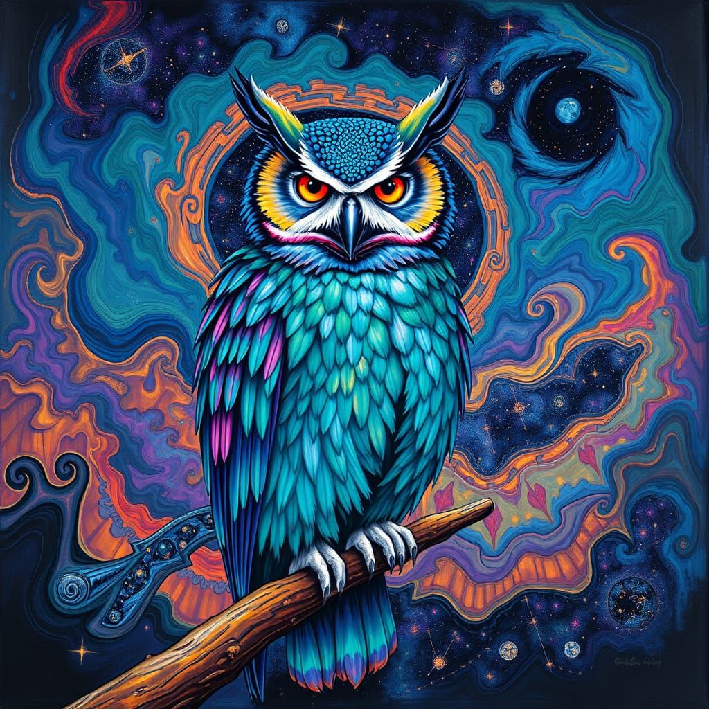 Dreamlike Psychedelic Owl in Iridescent Hues