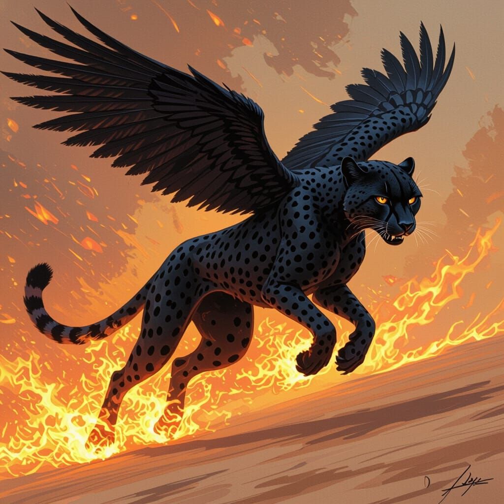Fiery Black Cheetah with Wings in a Surreal Style