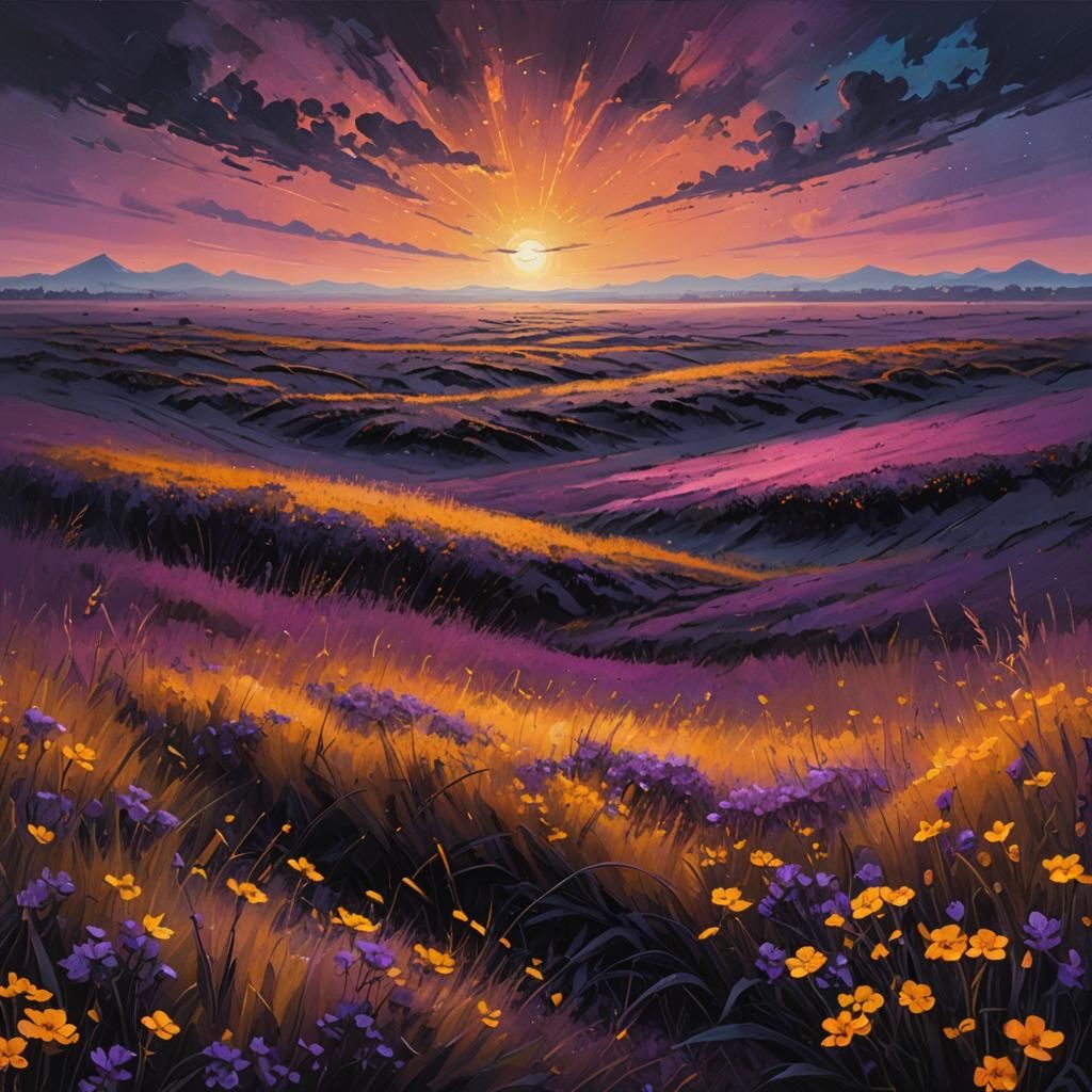 Dark Fantasy Landscape with Black Grass in Oil Painting Styl...