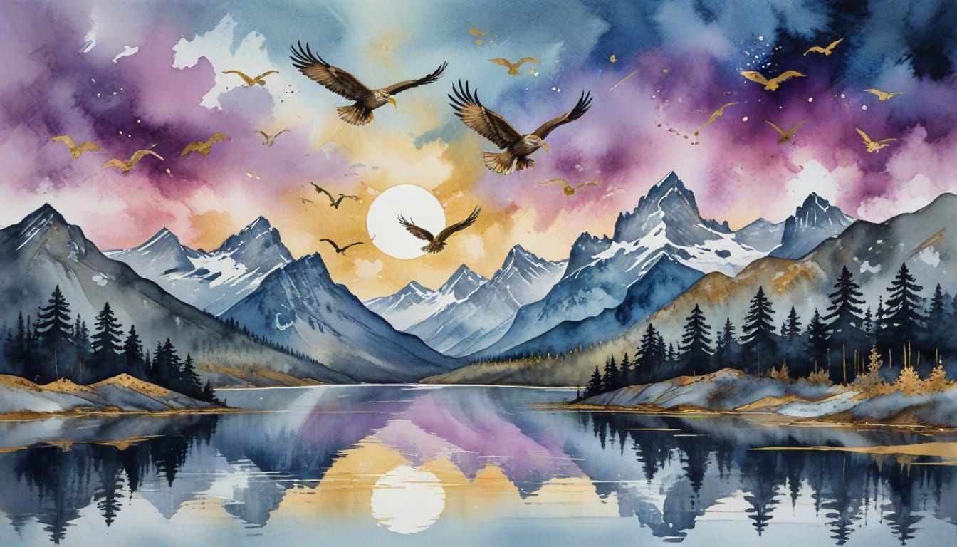 Ethereal Lake Landscape with Majestic Eagles