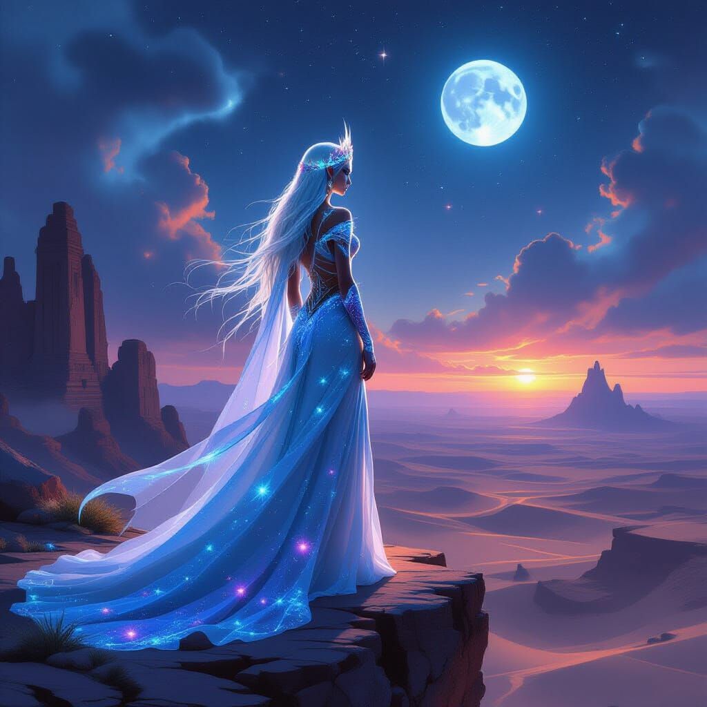 Elven Queen on Alien Desert Cliff Overlooking Cosmic Landsca...