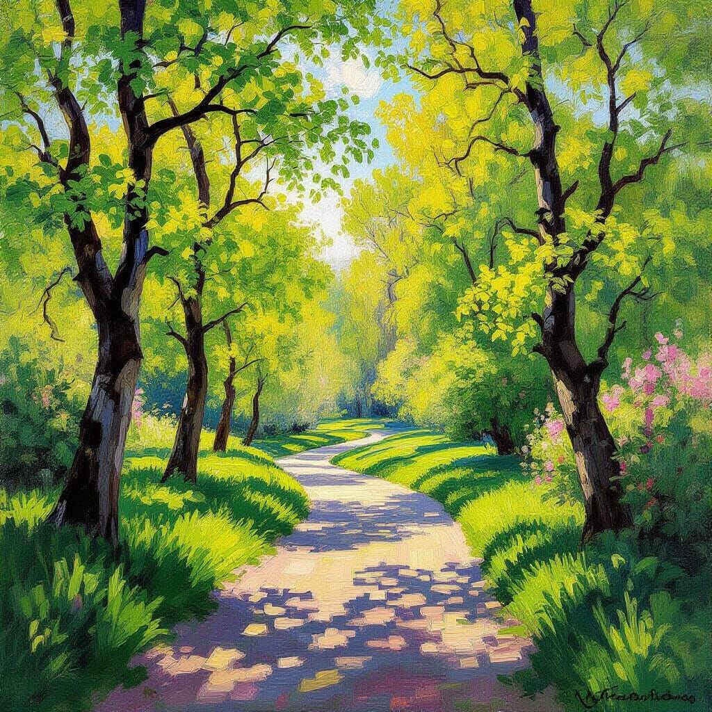 Vibrant Spring Landscape Painting with Lush Trees
