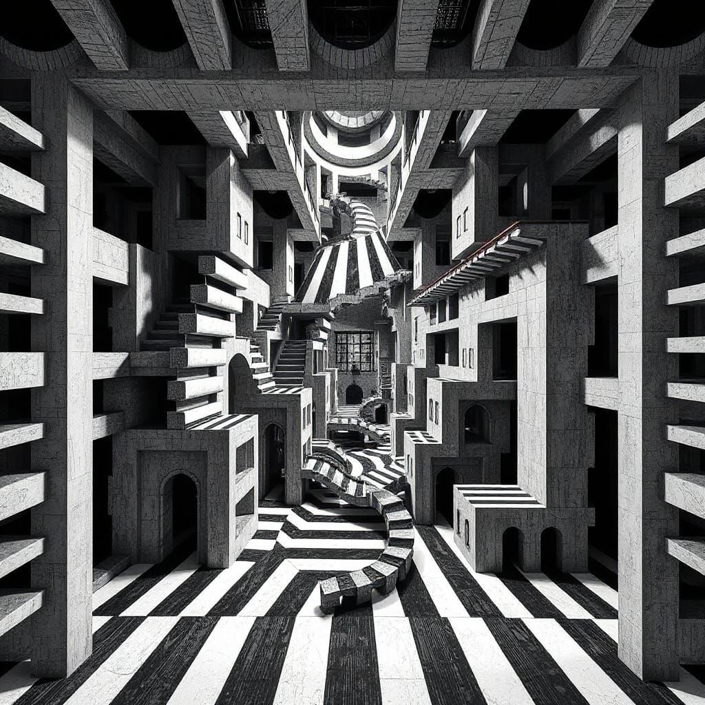 Impossible Architecture in Escher Style with Op Art Elements