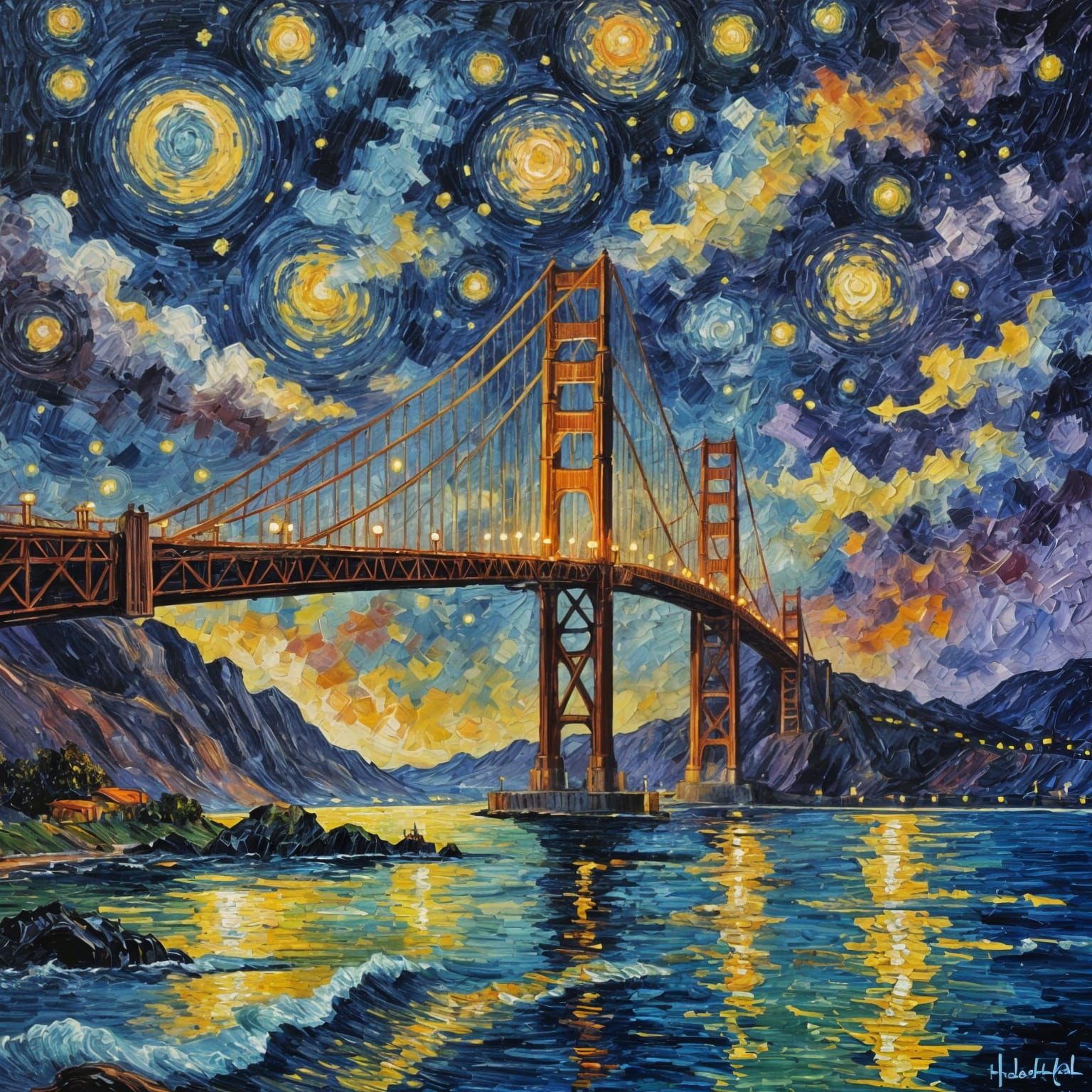 Golden Gate Bridge at Night: Impressionist Starry Painting