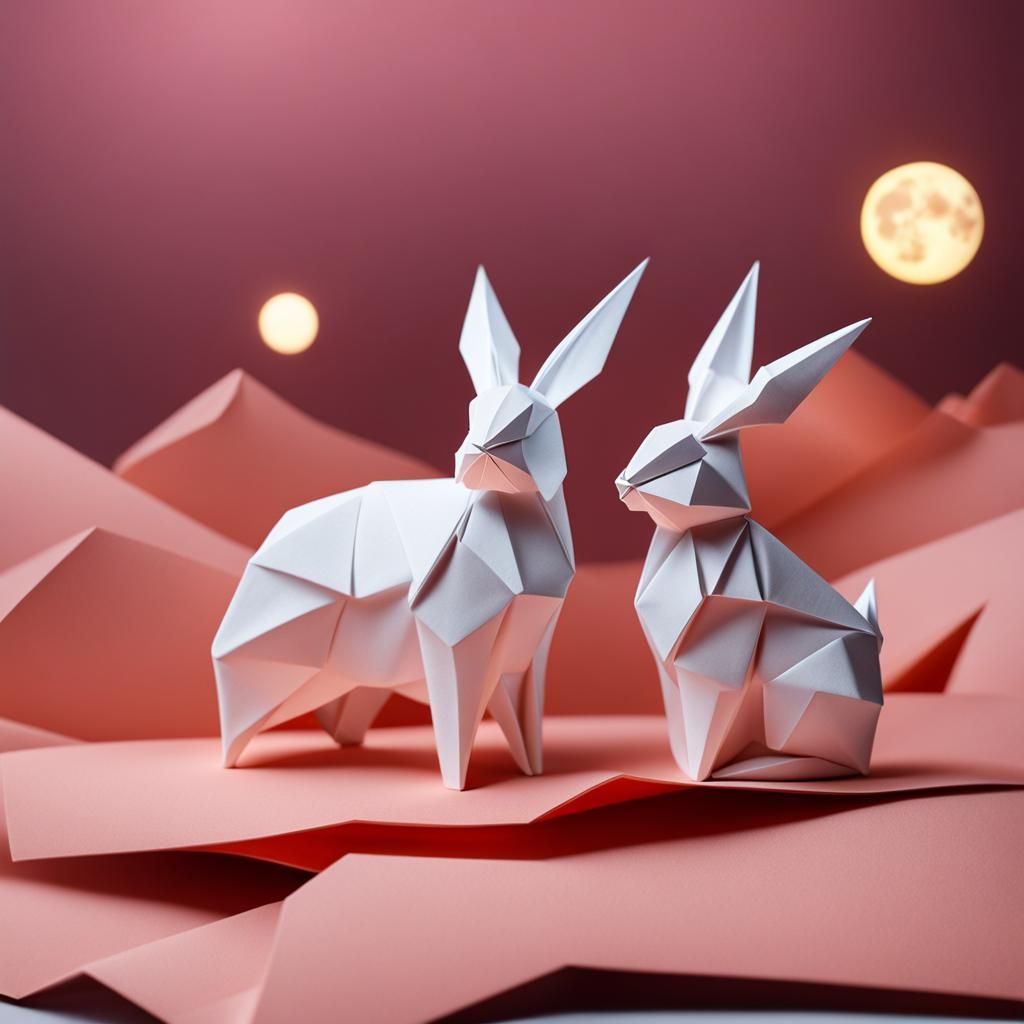 Two Rabbits on the Moon as Origami Papercraft