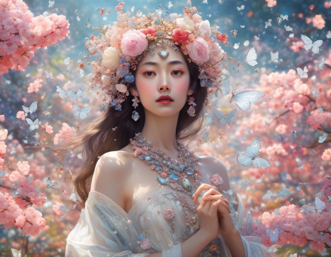 Japanese Goddess with Diamonds in Crystal Flower Field