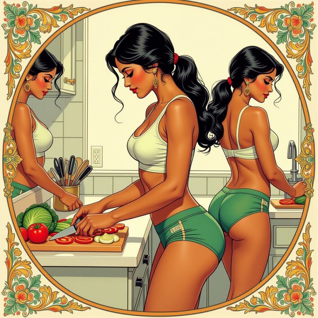 Indian Woman in Kitchen, Art Nouveau Style