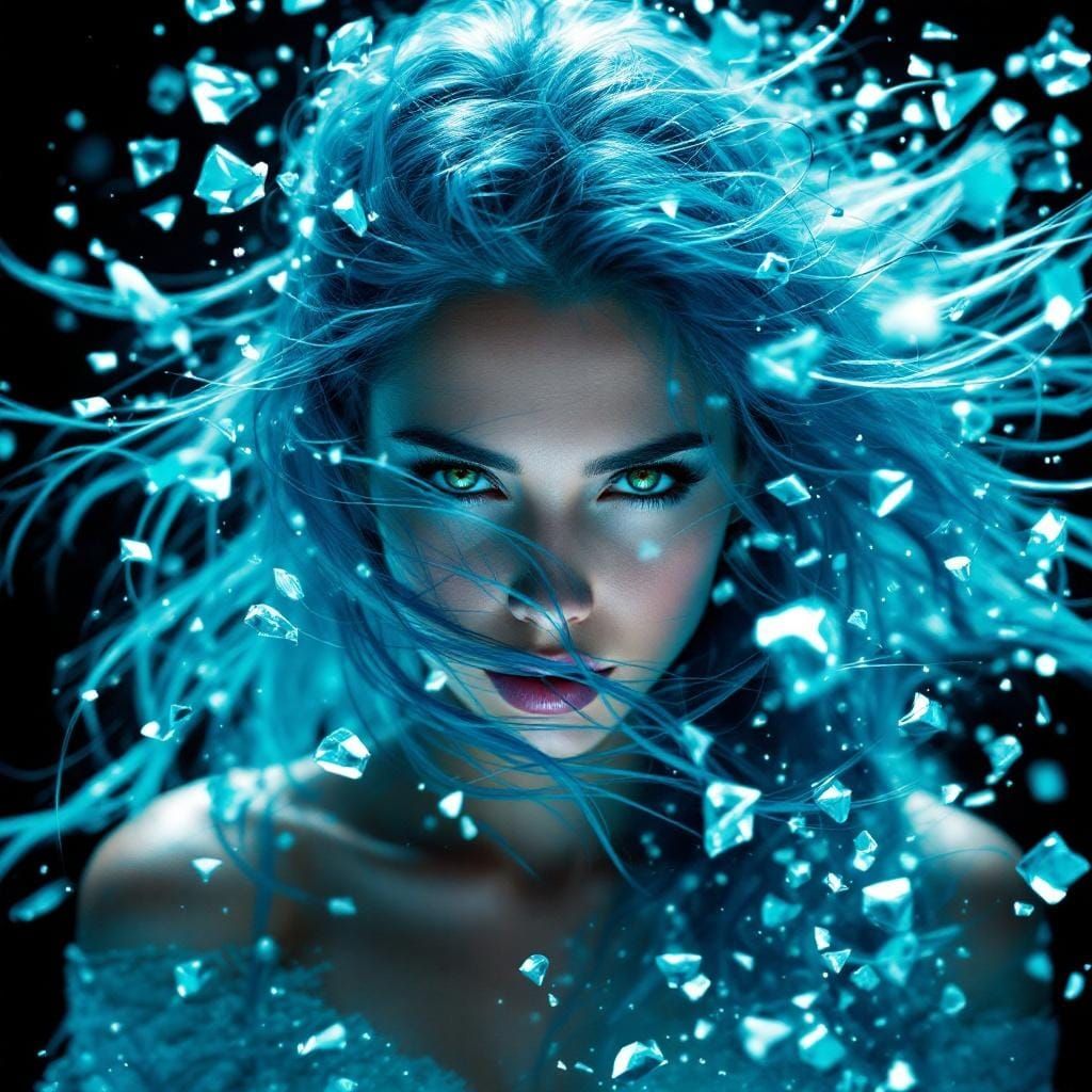 Woman with Flowing Blue Hair and Crystalline Shards