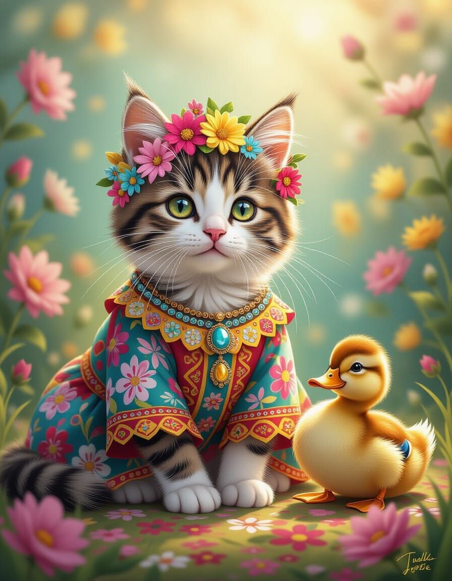 Patchwork Cat Hippie Portrait with Duck