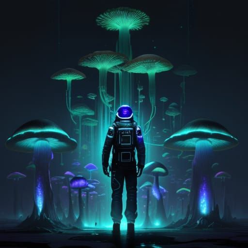 Astronaut Discovers Glowing Mushroom Garden in Cyberpunk Lan...