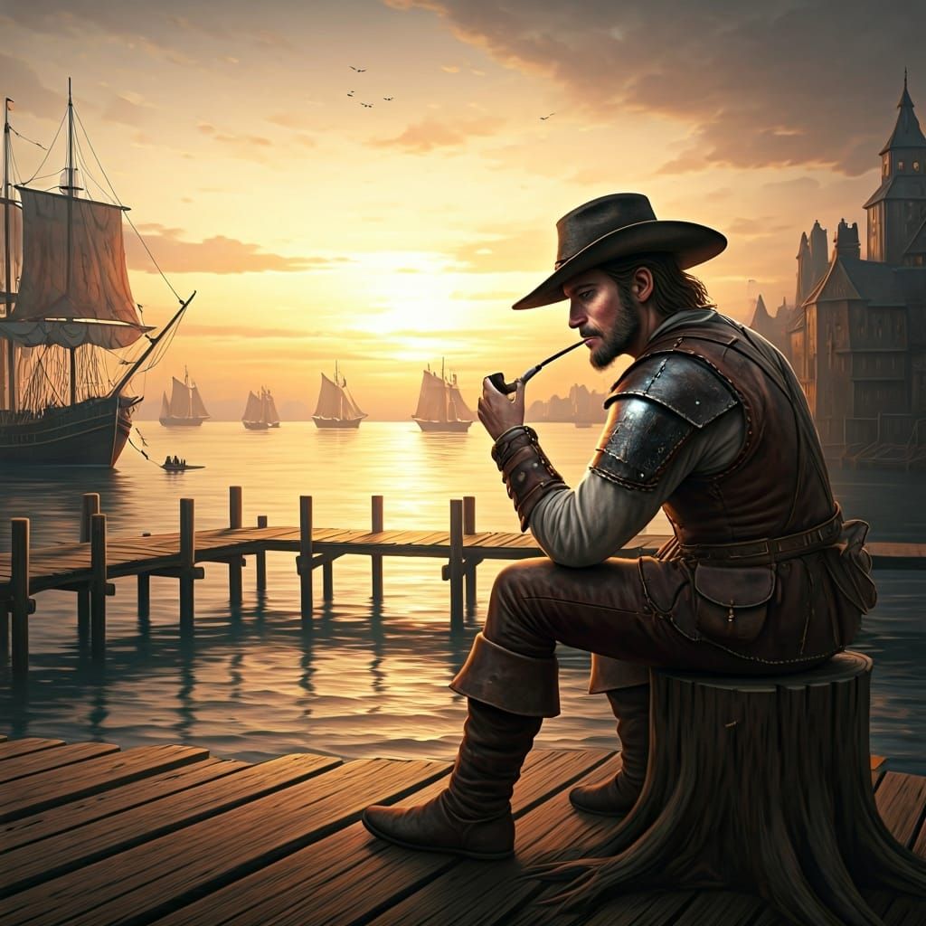 Medieval Harbor Sunset: Hyperrealistic Image of Man with Pip...