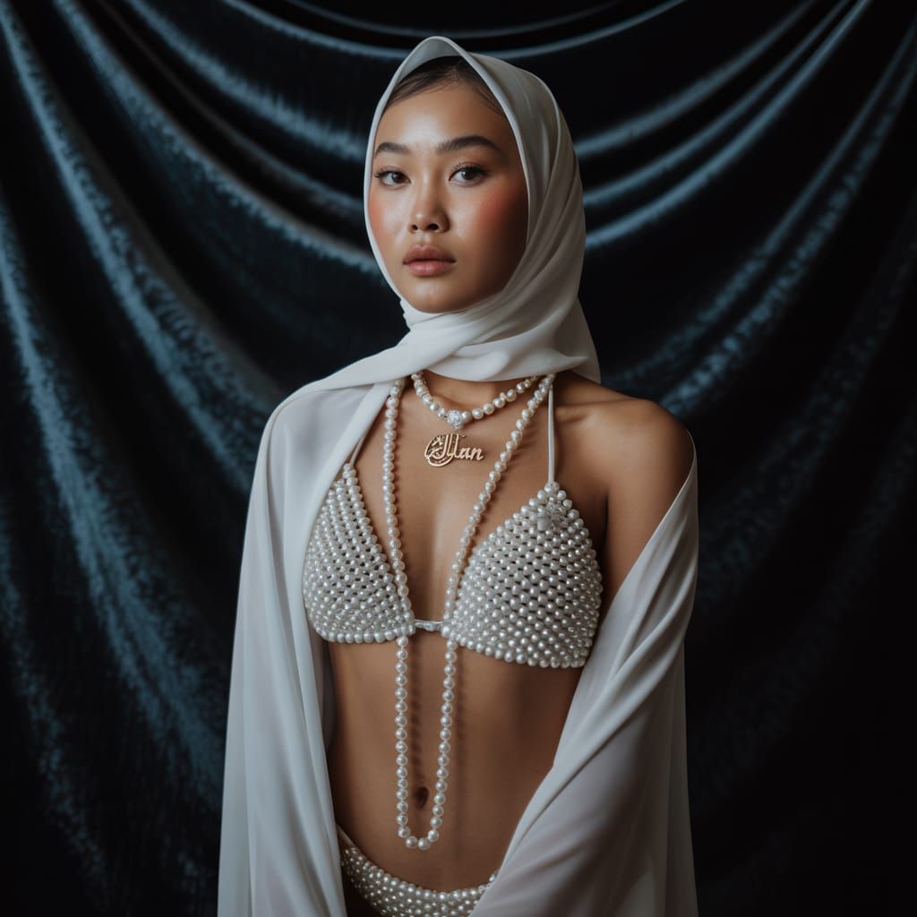 Pearl Bikini and Hijab: A Dramatic Portrait