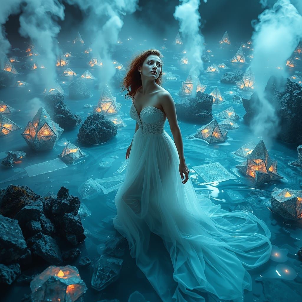 Crystalline Lake Emergence: Woman in White Gown