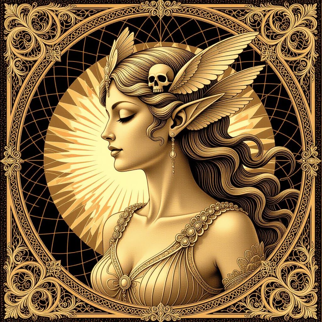 Divine Wood Nymph with Bone Adornments in Sepia Linocut Styl...