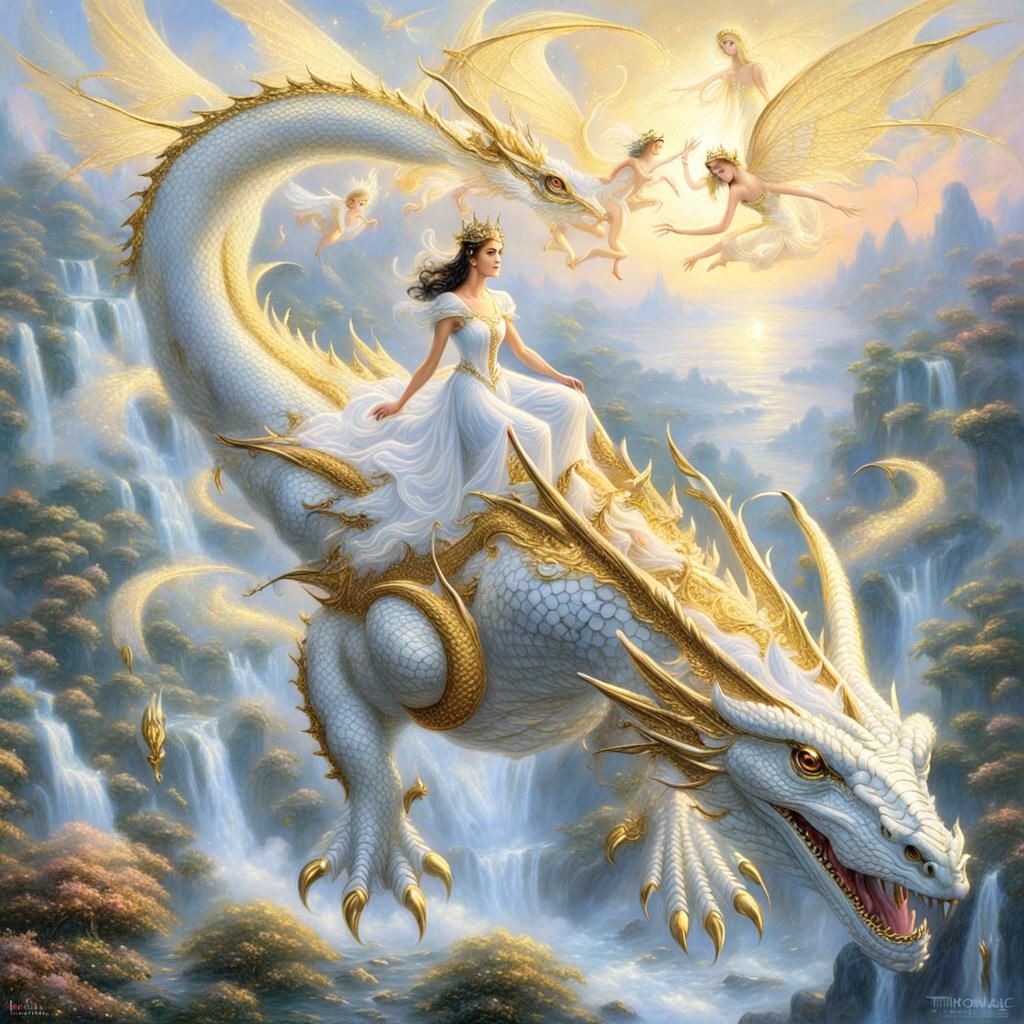 Ethereal Fairy Queen on Dragon in Fantasy Landscape