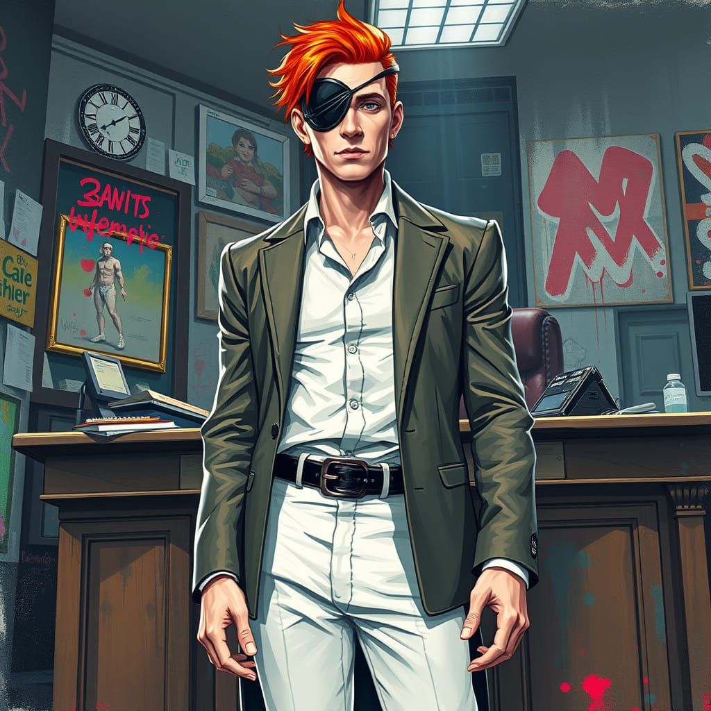 Man in Fitted Jacket and Eye Patch by Desk