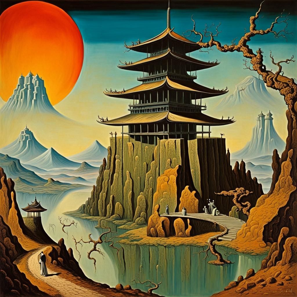 Surreal Japanese Landscape with Temple
