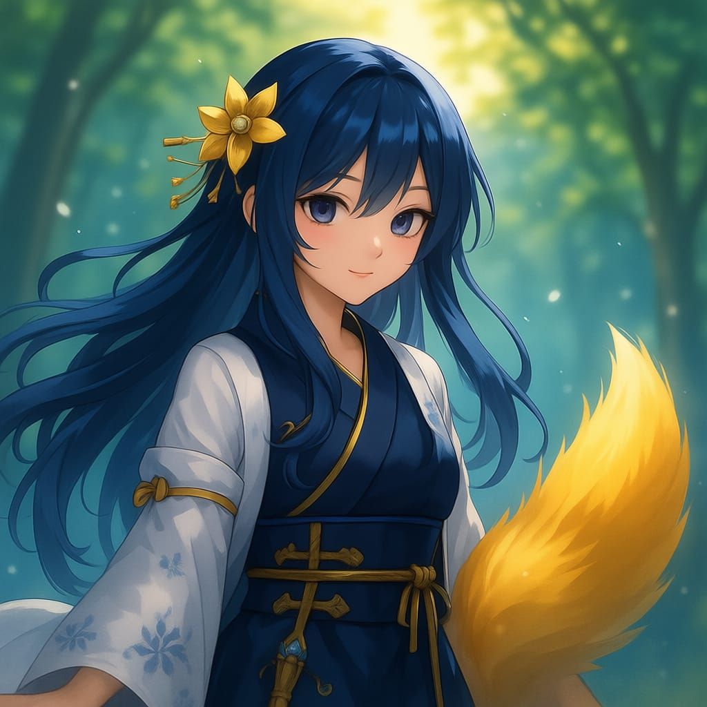 Anime Girl Shinna Mahiru with Blue Hair and Golden Tail