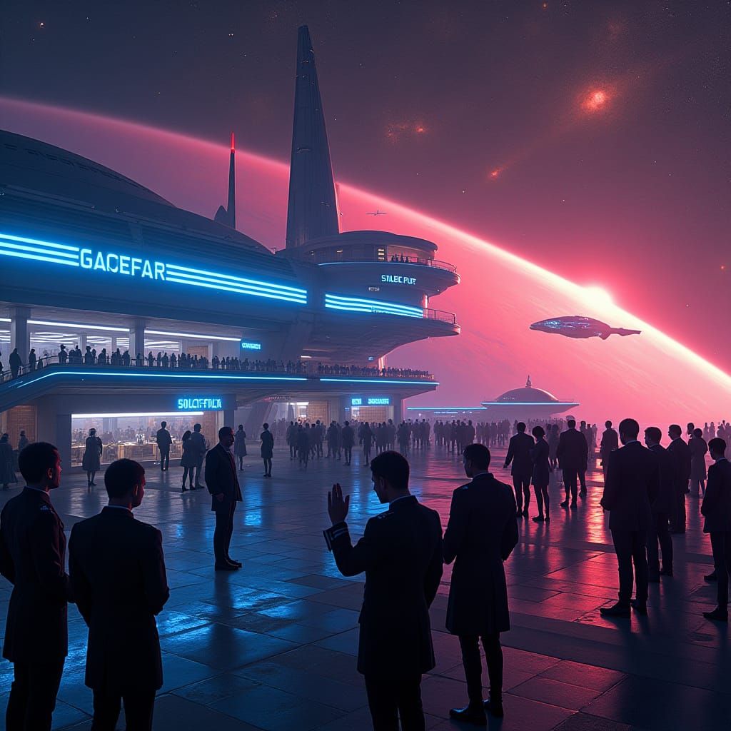 Futuristic Spaceport with Neon Lights and Starfleet Officers