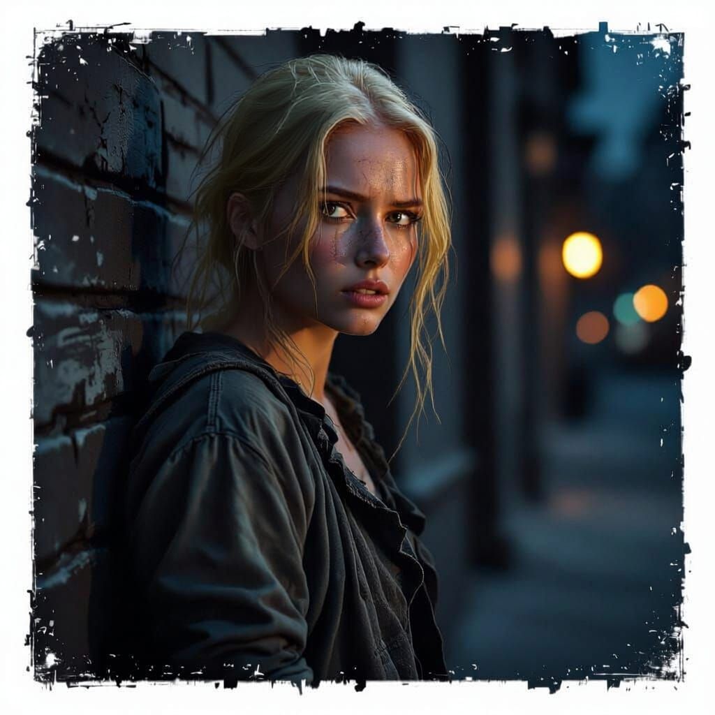 Defiant Woman in Tattered Clothes at Night