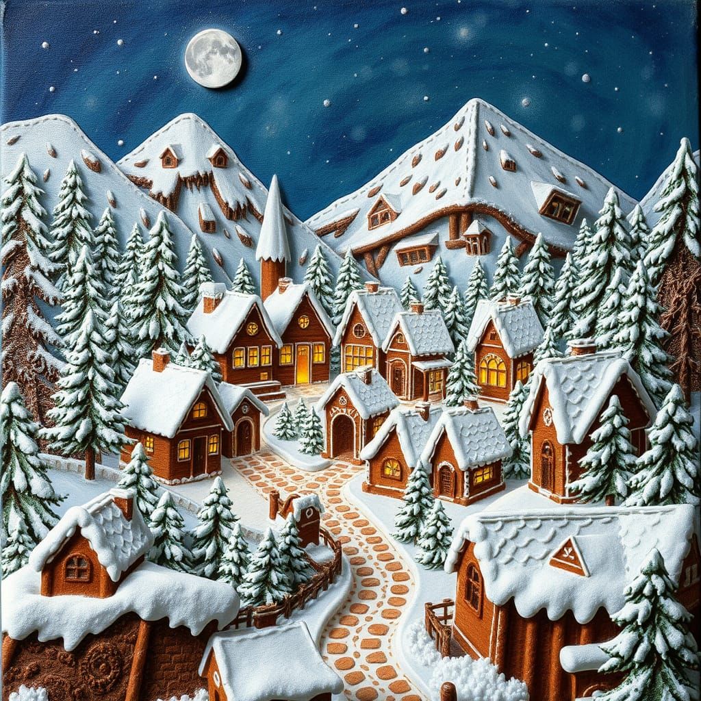Scratchboard FROSTED gingerbread village, tinted with color, heritage themed ALPINE WONDERLAND, Thomas Kinkade, JON KLAS...
