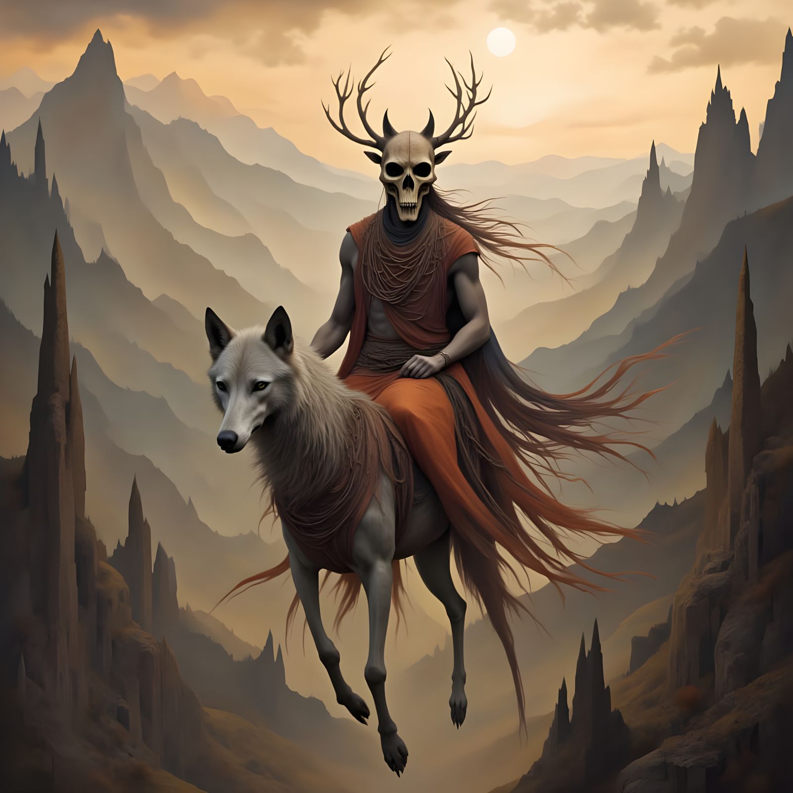 Shaman and Wolf Triumph on Magical Carpet Over Ruins