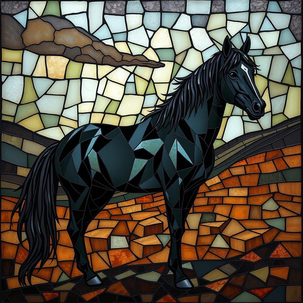 Wild Black Arabian Horse in Geometric Mosaic and Stained Gla...