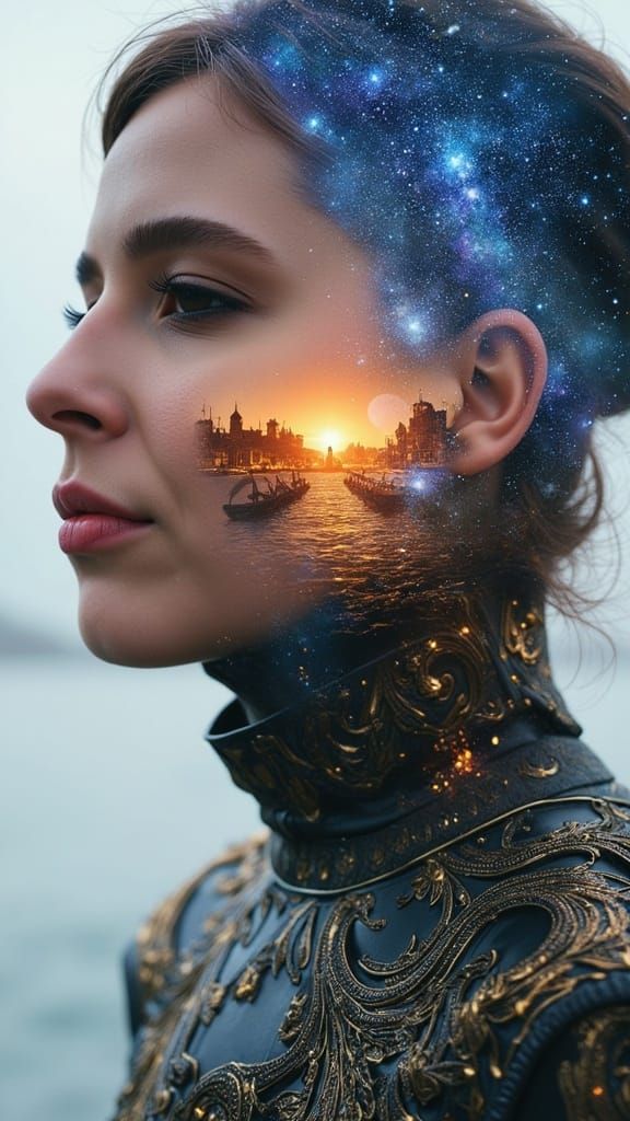 Ethereal Goddess Amidst Cosmic Realms and Cyberpunk Dreamsca...