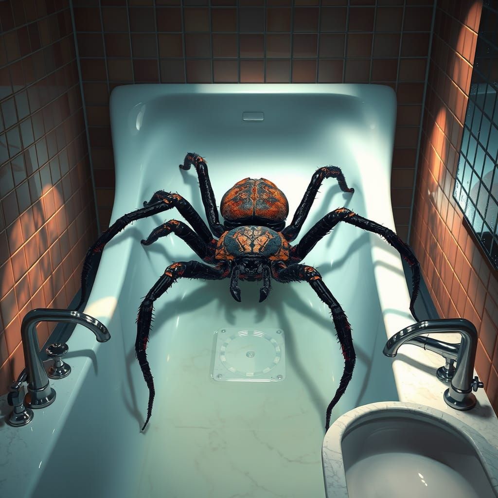 Giant Spider in Bathtub: Hyperrealistic Digital Art