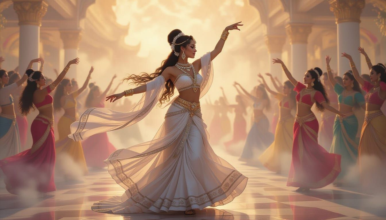 Court Dancer in Flowing Silks and Mist, Warm Glow