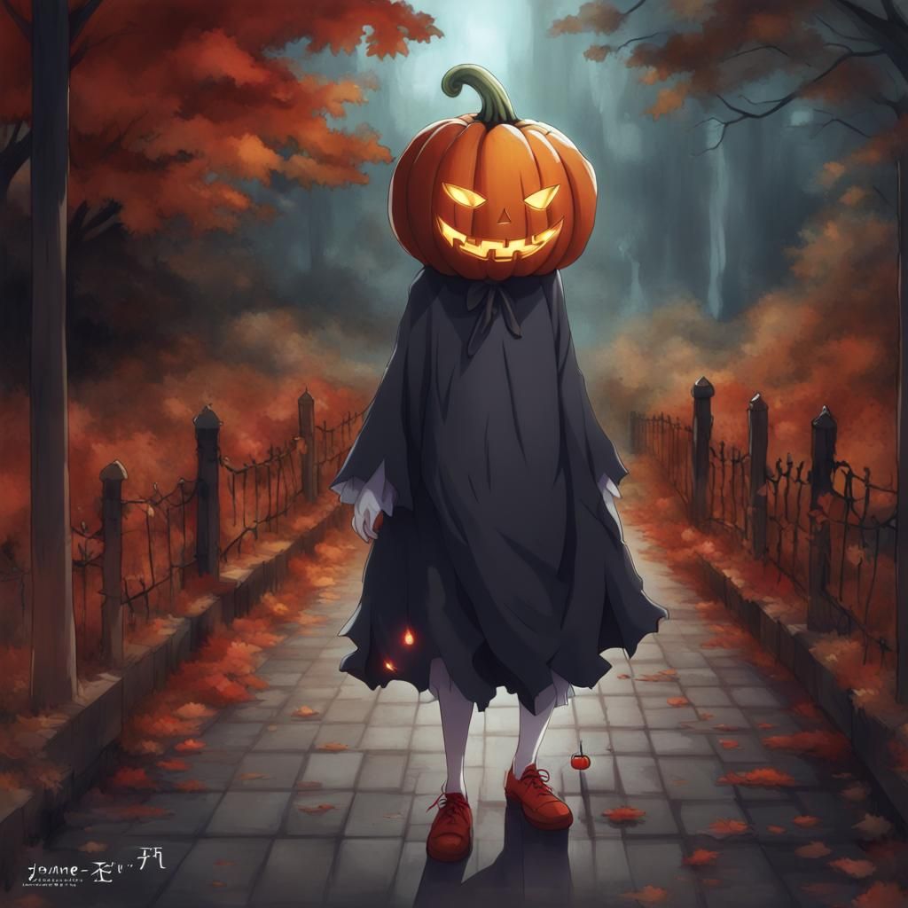 Pumpkin-Headed Ghost in Anime Style