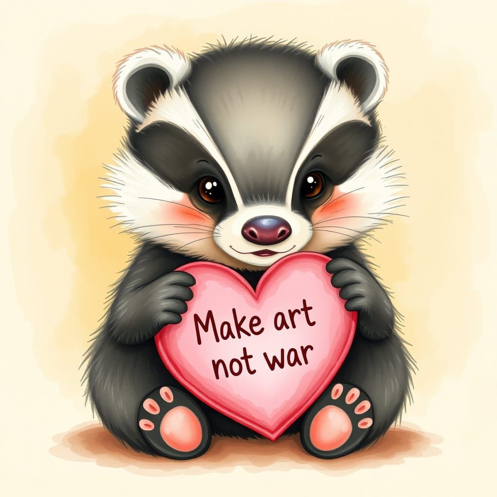 Whimsical Baby Badger Holds Pink Candy Heart with Artistic M...
