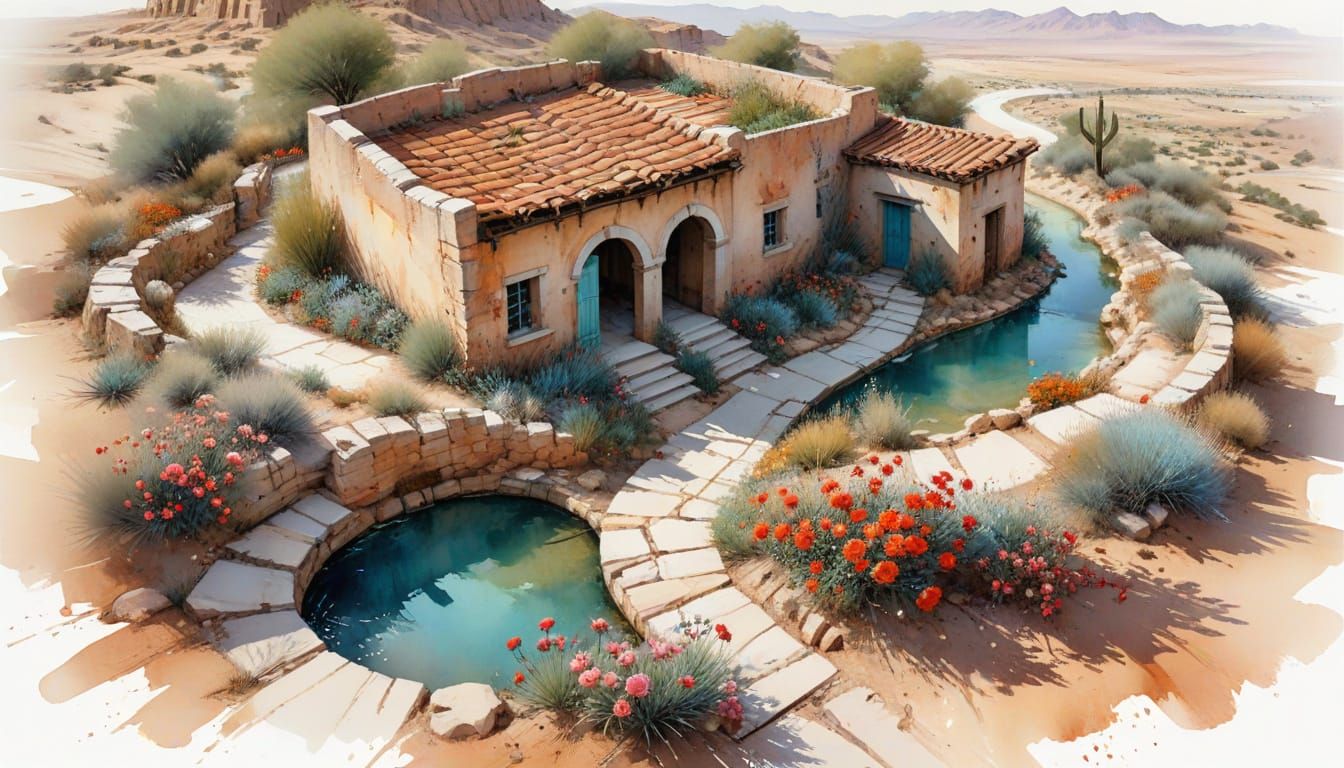 Hidden Desert Oasis in Watercolor Style