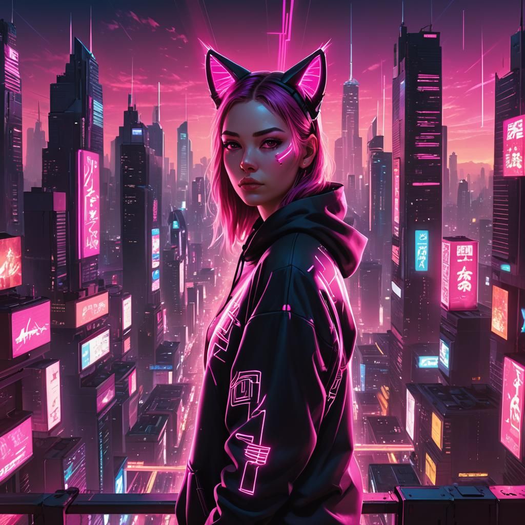 Cyberpunk Cat Girl in Neon Cityscape