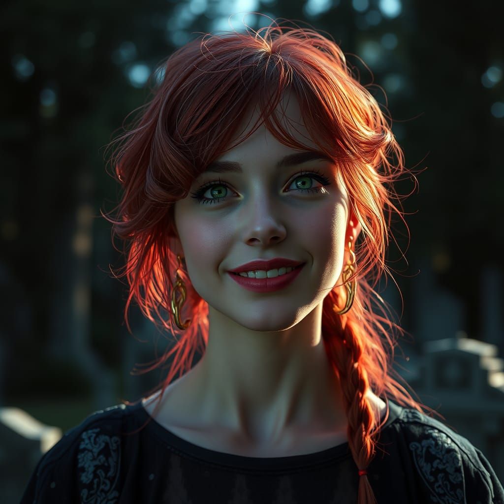 Ruby Haired Woman Smiling in Cemetery Portrait