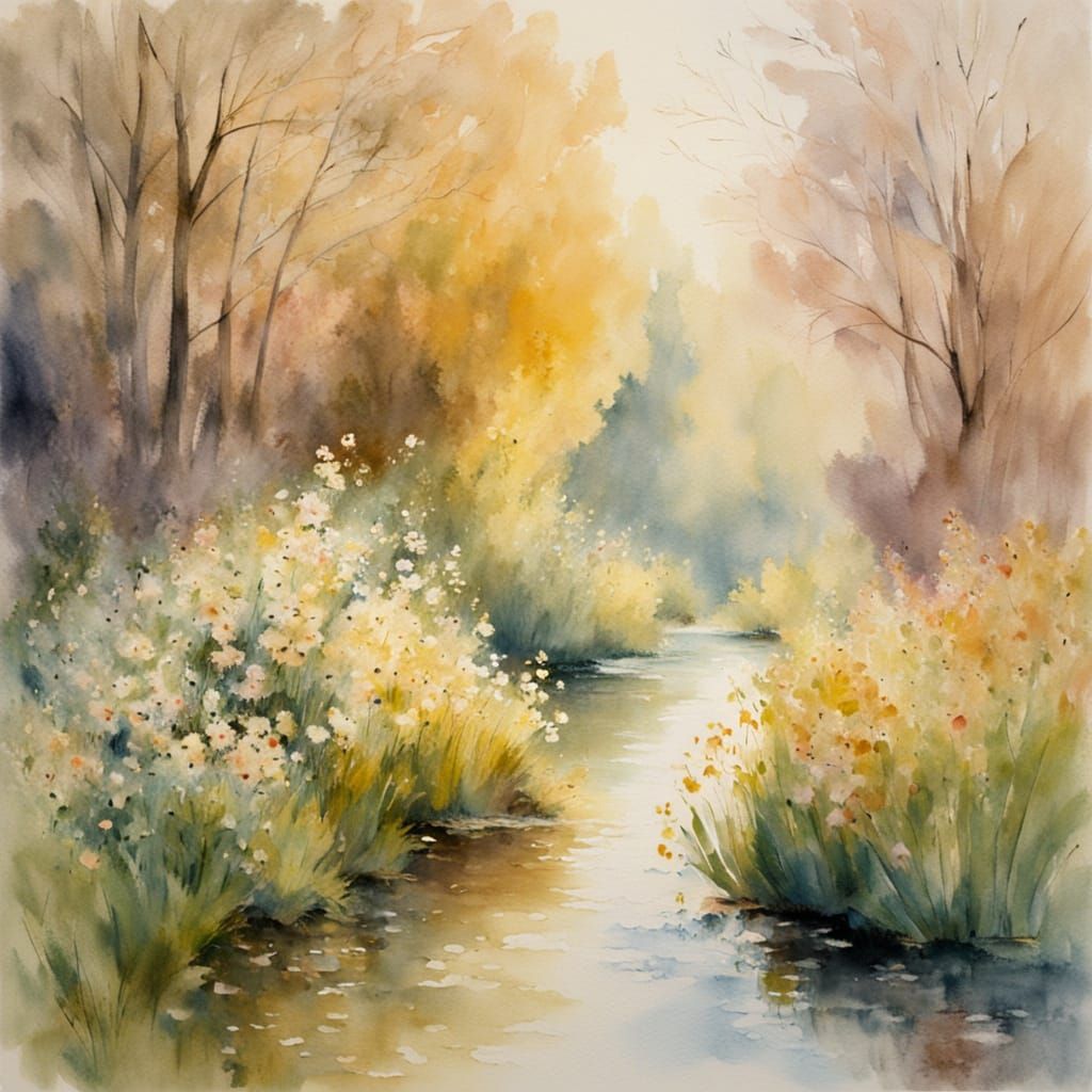 Impressionist Watercolour Landscape in Soft Pastel Hues