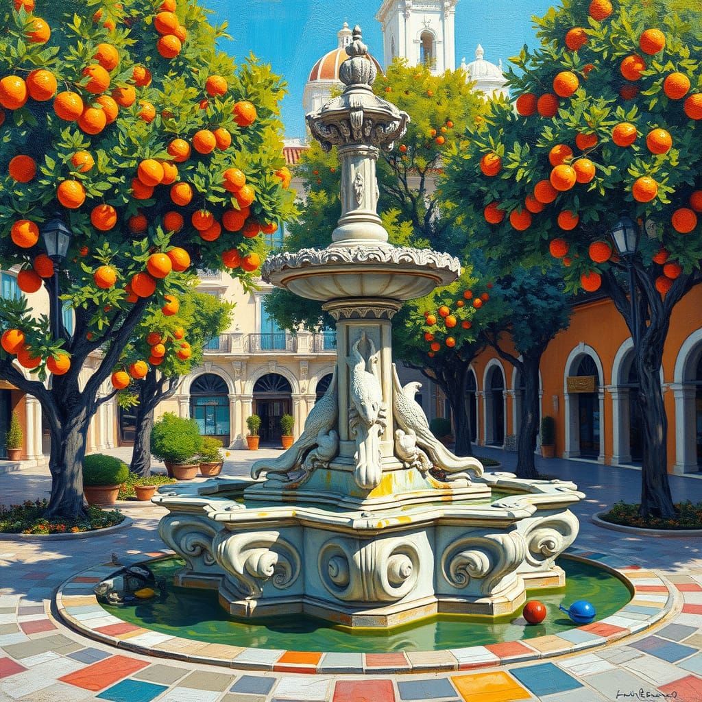 Vibrant Town Square with Oranges as Expressionist Oil Painti...