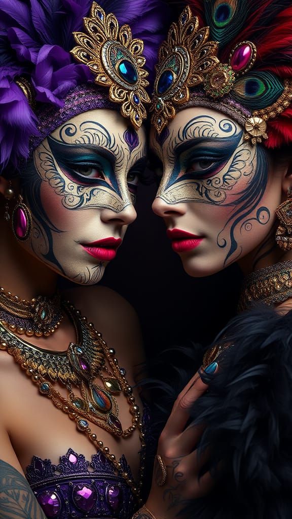 Ethereal Carnival Couple in Opulent Attire