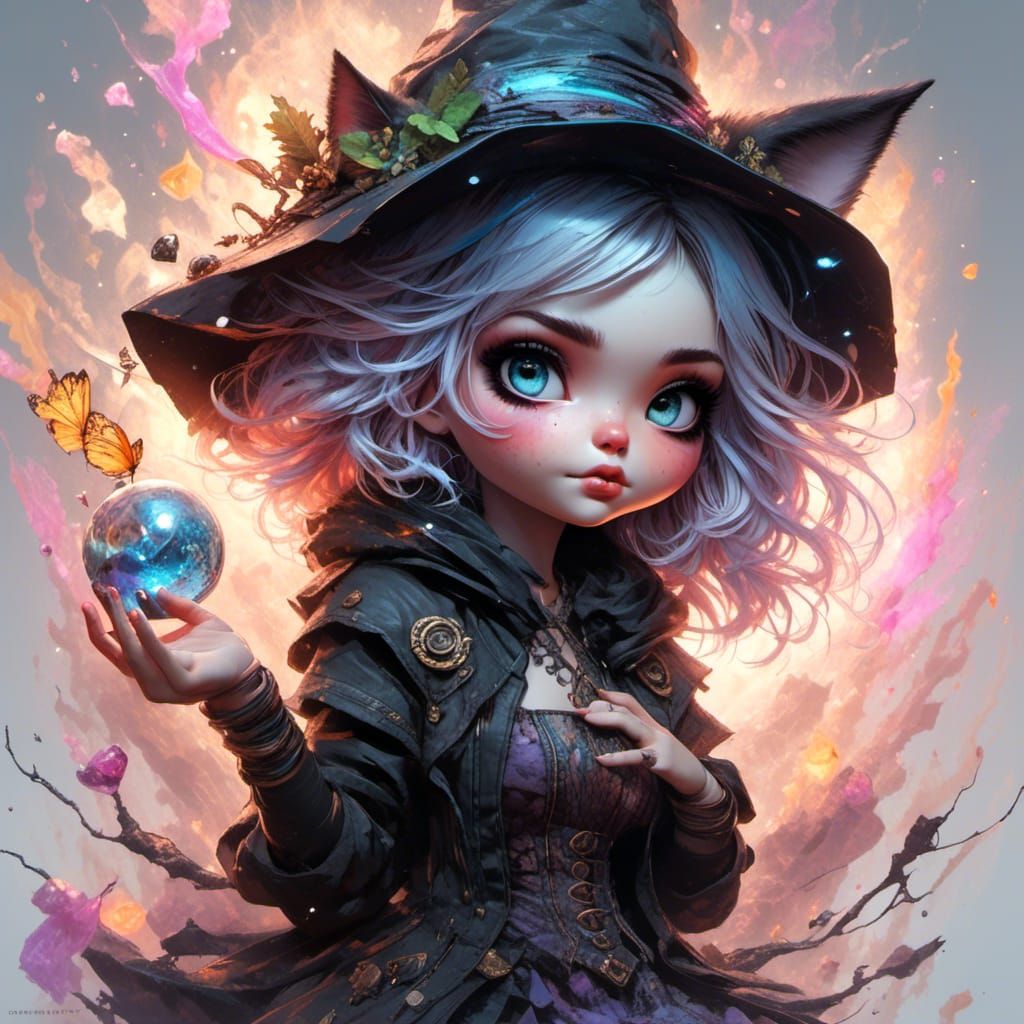 Chibi Witch with Black Cat in Ink Flow Style