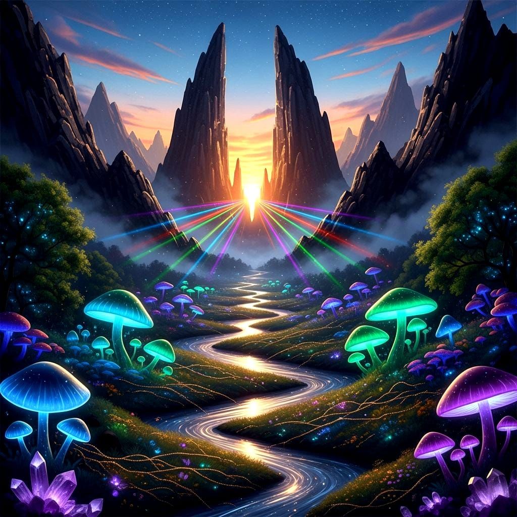 the landscape gleams with towering sky-mirror peaks that split sunlight into vibrant colors reflected in the valley belo...