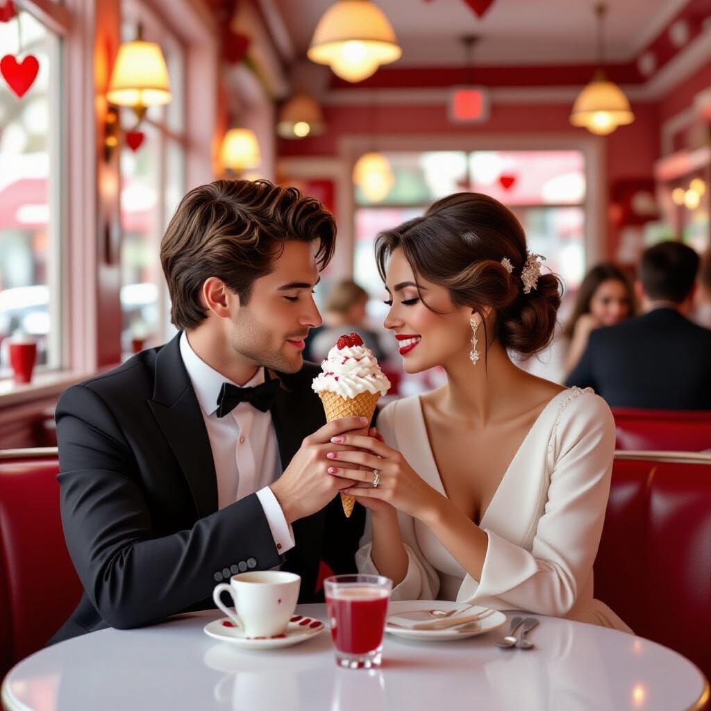 Couple Sharing Dessert in Chic Restaurant on Valentine's Day